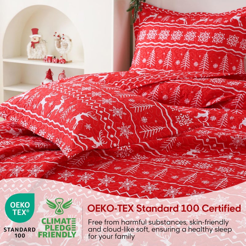 JSD Christmas Quilt Set Twin Size, 2 Piece Red Snowflakes Reindeer Tree Printed Bedspreads Coverlet with Pillow Sham - Image 2